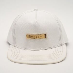 Buscemi Screwback Cap Pebbled Cow Leather White Hat Gold Logo